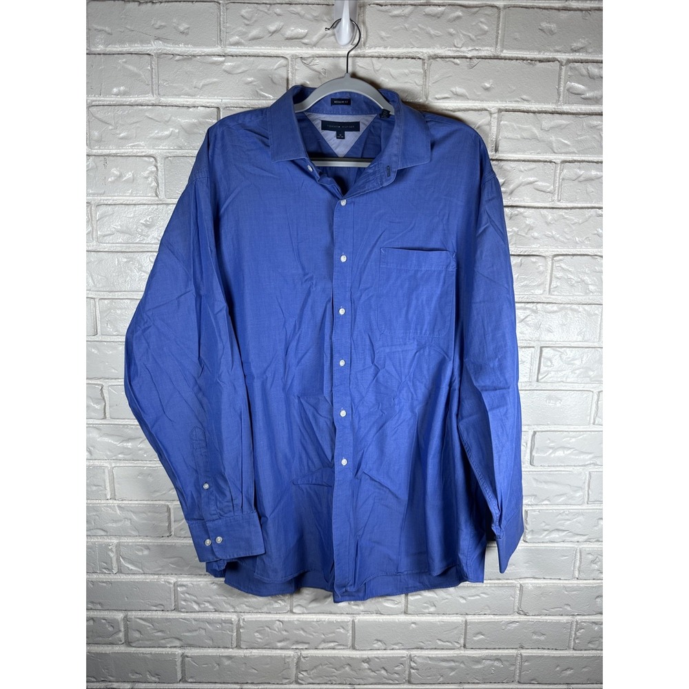Tommy Hilfiger Men's 18 34/35 Blue Button Down Shirt Regular Fit Stretch